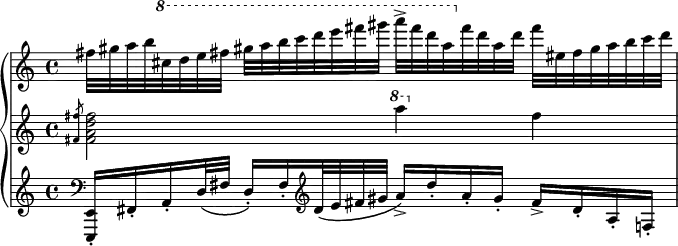 
\new GrandStaff <<
	\new Staff \relative c' {
		\set Score.tempoHideNote = ##t
		\tempo 4 = 108
		fis'32 gis a b \ottava #1
		cis d e fis
		gis a b c d e fis gis
		a-> fis d a \ottava #0
		fis d a d
		fis eis, fis gis a b cis d
	}
	\new Staff \relative c' {
		\slashedGrace <fis fis'>8 <fis a d fis>2 \ottava #1
		a''4 \ottava #0
		fis,
	}
	\new Staff \relative {
		\clef bass
		<e,, e'>16-. fis'-. a-. d32\( fis
		d16-.\) fis-.
		\clef treble
		d'32\( e fis gis
		a16->\) d-. a-. gis-.
		fis-> d-. a-. f-.
	}
>>