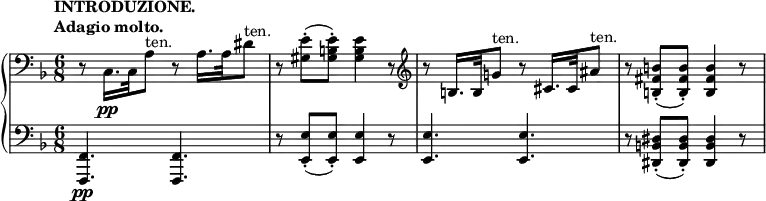 
 \relative c' {
  \new PianoStaff <<
   \new Staff { \key f \major \time 6/8 \clef bass
    \tempo \markup {
     \column {
      \line { INTRODUZIONE. }
      \line { Adagio molto. }
     }
    } \set Score.tempoHideNote = ##t \tempo 8 = 30
    r8 c,16.\pp c32 a'8^\markup ten. r a16. a32 dis8^\markup ten. r <e gis,>-.( <e b gis>-.) <e b gis>4 r8 \clef treble
    r b16. b32 g'!8^\markup ten. r cis,16. cis32 ais'8^\markup ten. r <b fis b,>-.( <b fis b,>-.) <b fis b,>4 r8
   }
   \new Staff { \key f \major \time 6/8 \clef bass
    <f,, f,>4._\pp <f f,> r8 <e' e,>-.( <e e,>-.) <e e,>4 r8 <e e,>4. <e e,> r8 <dis b dis,>-.( <dis b dis,>-.) <dis b dis,>4 r8
   }
  >>
 }
