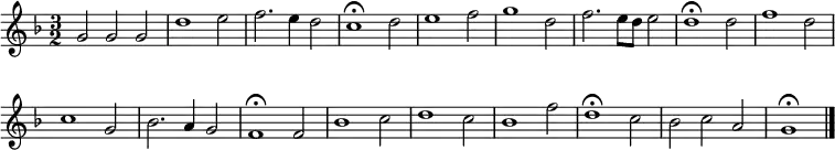 
\new Staff <<
  \set Staff.midiInstrument = "trumpet"
  \override Score.BarNumber  #'transparent = ##t
  \time 3/2
  \key f \major 
  \relative c'' {
    g2 g g | d'1 e2 | f2. e4 d2 | c1\fermata
    d2 | e1 f2 | g1 d2 | f2. e8 d e2 | d1\fermata
    d2 | f1 d2 | c1 g2 | bes2. a4 g2 | f1\fermata
    f2 | bes1 c2 | d1 c2 | bes1 f'2 | d1\fermata 
    c2 | bes2 c a | g1\fermata \bar "|."
  }

>>
\layout { indent = #0 }
\midi { \tempo 2 = 120 }
