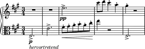 
\relative c'' {
  \new PianoStaff <<
    \new Staff {
      \set Staff.midiInstrument = #"piano" \key a \major \clef treble \time 3/4 \set Score.tempoHideNote = ##t \tempo 4 = 170
      R2.*2 |
      e2. \pp -> |
      cis'8 d8 cis4 -. a4 -. |
      gis4 -. r2 |
    }
    \new Staff {
      \set Staff.midiInstrument = #"piano" \key a \major \clef alto \time 3/4
      e,,2. \p _\markup{ \italic { hervortretend } } -> |
      e'2. -> |
      fis8 \< -. gis8 -. a8 -. b8 -. a8 -. cis8 -. |
      e4 \! r2 |
      e,,2. -> |
    }
  >>
}
