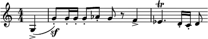  \relative c' { \clef treble \numericTimeSignature \time 4/4 \key c \major \partial 4*1 g->( | g'8\sf-.) g16-. g-. g8-. aes-. g r f4-> | ees4.\trill d16-. c-. d8 } 