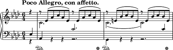 
\header {
  tagline = ##f
}

tempoMark = {
  \once \override Score.RehearsalMark #'self-alignment-X = #-1
  \once \override Score.RehearsalMark #'break-align-symbols = #'(time-signature key-signature)
  \once \override Staff.TimeSignature #'break-align-anchor-alignment = #-1
  \mark \markup \bold "Poco Allegro, con affetto."
}

global = {
  \tempoMark
  \key as \major
  \time 6/4
  \partial 4
}

\parallelMusic #'(voiceA voiceB voiceC voiceD) {
  % Anacrusis
  r4   |
  s4   |
  ees4 |
  r4   |
  
  % Bar 1
  r8 ees [\( aes c aes ees\)] r ees [\( aes c aes ees\)] |
  c2.                         s                          |
  aes,4      s     s          c'2.                       |
  s4         r     r          r2.                        |
  
  % Bar 2
  r8 e   [\( bes' c bes e,  \)] r e   [\( bes' c bes e,  \)] |
  c2.                       ( c2  )              s4          |
  s2.                         s2                 c4          |
  g4         r     r          r2.                            |
}

right = {
  \global
  <<
    \relative c' \voiceA
    \\
    \relative c' \voiceB
  >>
}

left = {
  \global
  <<
    \relative c \voiceC
    \\
    \relative c \voiceD
    \new Dynamics {
      s4 | \repeat unfold 2 { s4\sustainOn s1 s8 s8\sustainOff | }
    }
  >>
}

\score {
  \new PianoStaff <<
    \new Staff = "right" \with {
      midiInstrument = "acoustic grand"
    } \right
    \new Staff = "left" \with {
      midiInstrument = "acoustic grand"
    } { \clef bass \left }
  >>
  \layout { }
  \midi {
    \context {
      \Score
      tempoWholesPerMinute = #(ly:make-moment 100 4)
    }
  }
}
